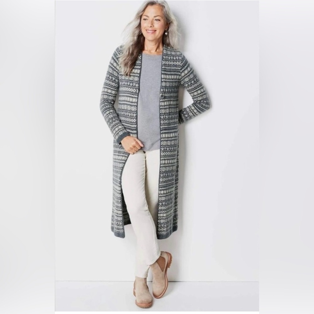 J. Jill Cardigan Fair Isle Boucle Long Sweater Grey Coat Size L Long Sleeve